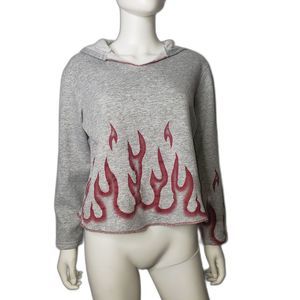 VINTAGE Rag Gray Hoodie Sweatshirt with Red Glitter Flames Womens Size Large